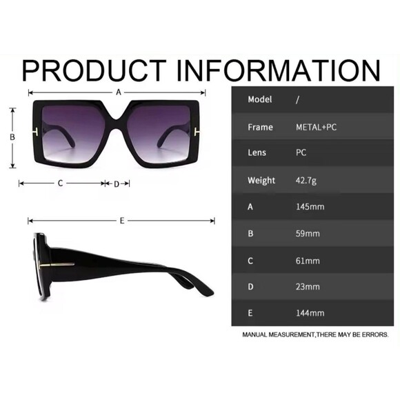 Square Sunglasses Woman Black Oversized Sun Glasses Female Retro Vintage Big - Picture 9 of 11